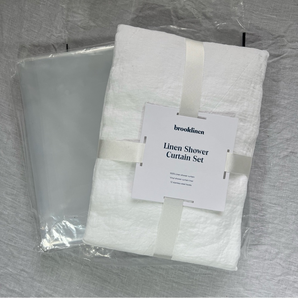 Brooklinen Bath Shower Curtain in 100% White Linen - Comes with Liner NEW